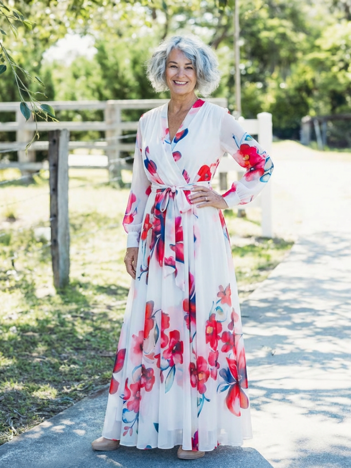 Lillian | Rochie maxi cu imprimeu floral și mâneci lungi