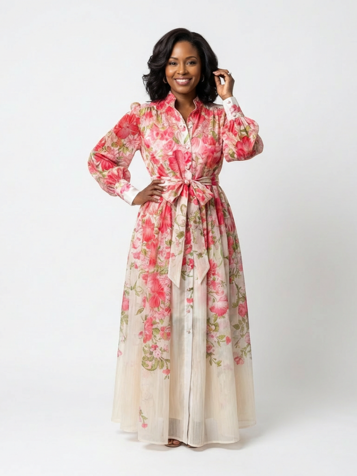 Cressida | Rochie maxi cu imprimeu floral și mâneci lungi
