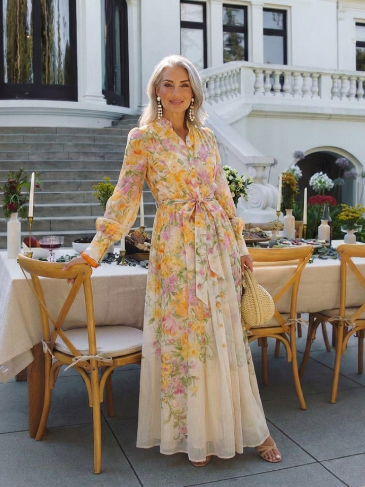 Cressida | Rochie maxi cu imprimeu floral și mâneci lungi
